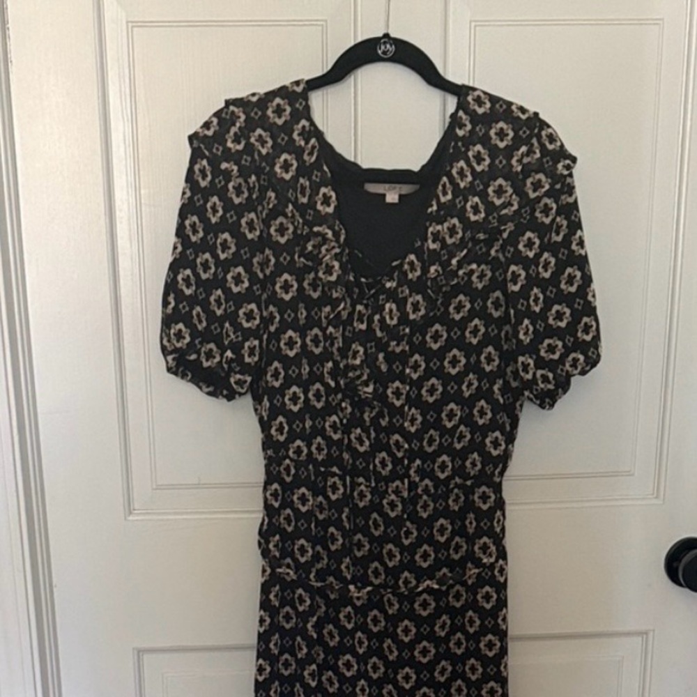LOFT Black Midi Dress with Cream Floral Print - Picture 2 of 4